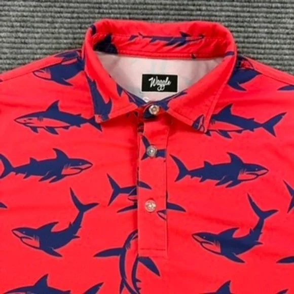 Waggle Golf Polo Shirt Mens Small Red Navy Blue Shark Print Performance Stretch - Picture 4 of 11